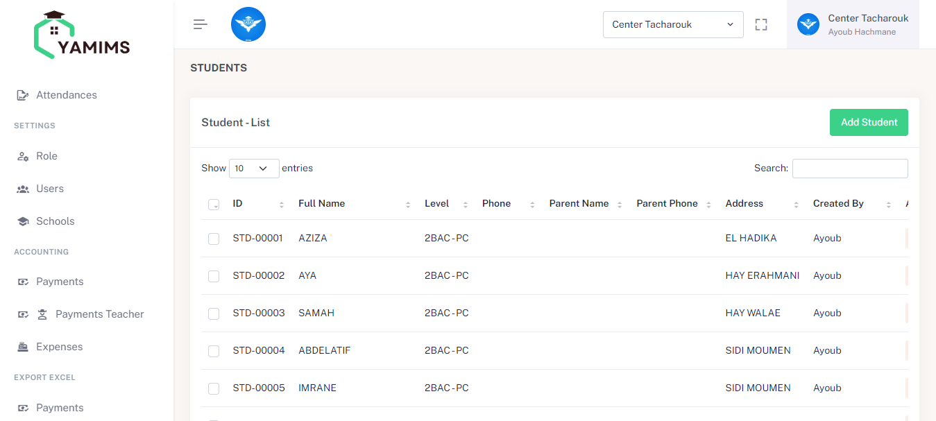 Student Management System for Cours de Soutien with YamiMS